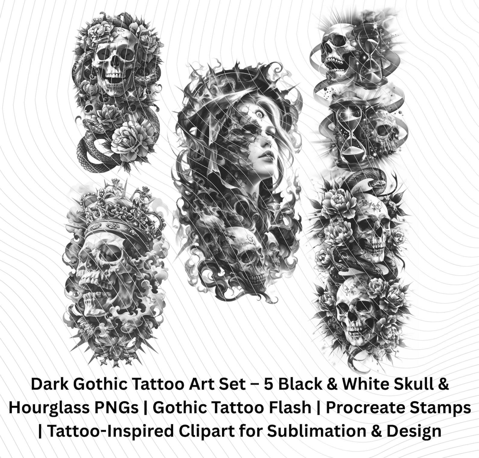 Dark Gothic Tattoo Art Set 5 Black & White Skull Hourglass Pngs Gothic ...