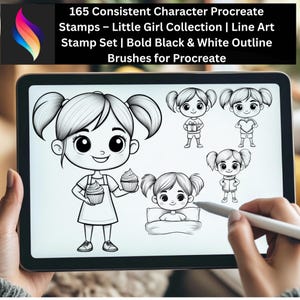 May include: A digital tablet screen displays 165 Consistent Character Procreate Stamps – Little Girl Collection | Line Art Stamp Set | Bold Black & White Outline Brushes for Procreate. The screen shows several black and white line art illustrations of a girl.