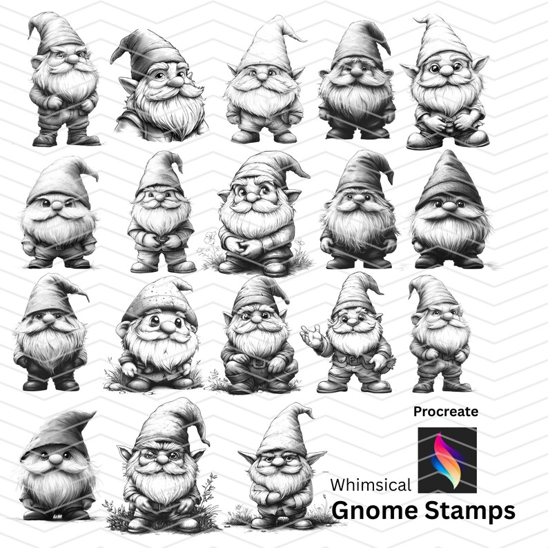 Whimsical Gnome Procreate Stamp Set –black & White Gnome Clipart ...