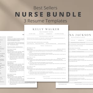 May include: Three black and white resume templates for registered nurses. The templates feature a professional profile, work experience, education, and skills sections. The text "Best Sellers Nurse Bundle 3 Resume Templates" is at the top of the image.