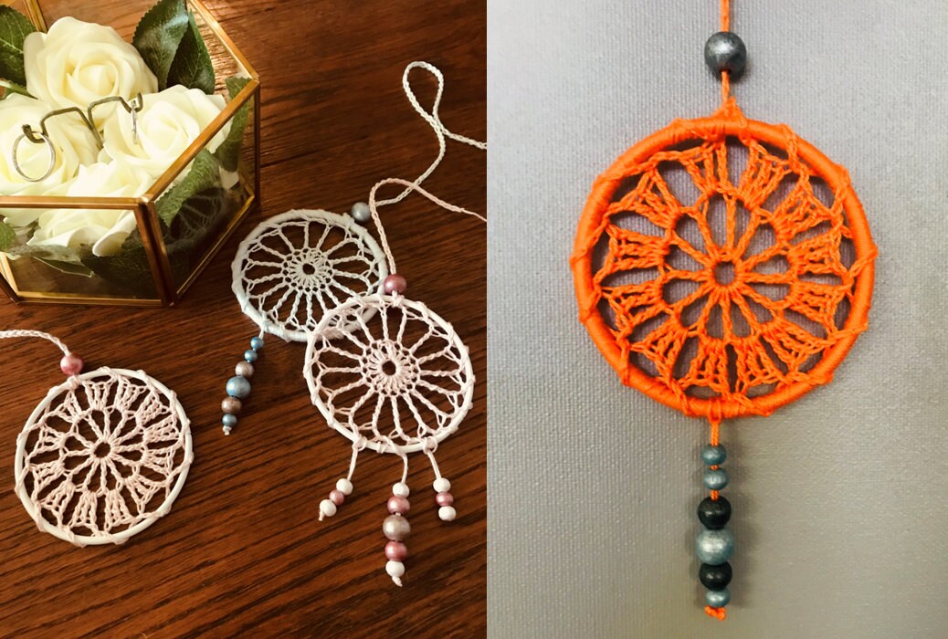 Little Wedding Attrape Rêve Mandala Crochet Unique 7 cm Cadeaux Invités Mariage Couleurs et Perles P