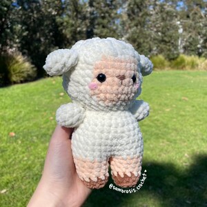 May include: A white crocheted lamb plush toy with brown hooves and a pink nose. The lamb has black eyes and pink cheeks. The toy is being held in a hand.