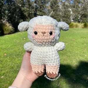 May include: A white crocheted lamb with brown hooves and a pink nose. The lamb has black eyes and a fluffy white body.