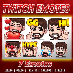 Pode incluir: Um conjunto de sete emotes do Twitch com um homem de desenho animado com várias expressões. Os emotes incluem corações, polegar para cima, acenando e chorando. O texto inclui "GG", "HI!" e "HYPE".