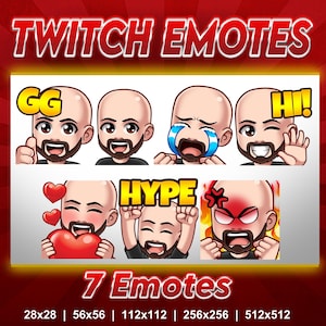 Pode incluir: Sete emotes Twitch com um personagem de desenho animado com diferentes expressões. Os emotes incluem GG, Hype, Hi e mais. Os emotes estão disponíveis em vários tamanhos, incluindo 28x28, 56x56, 112x112, 256x256 e 512x512.