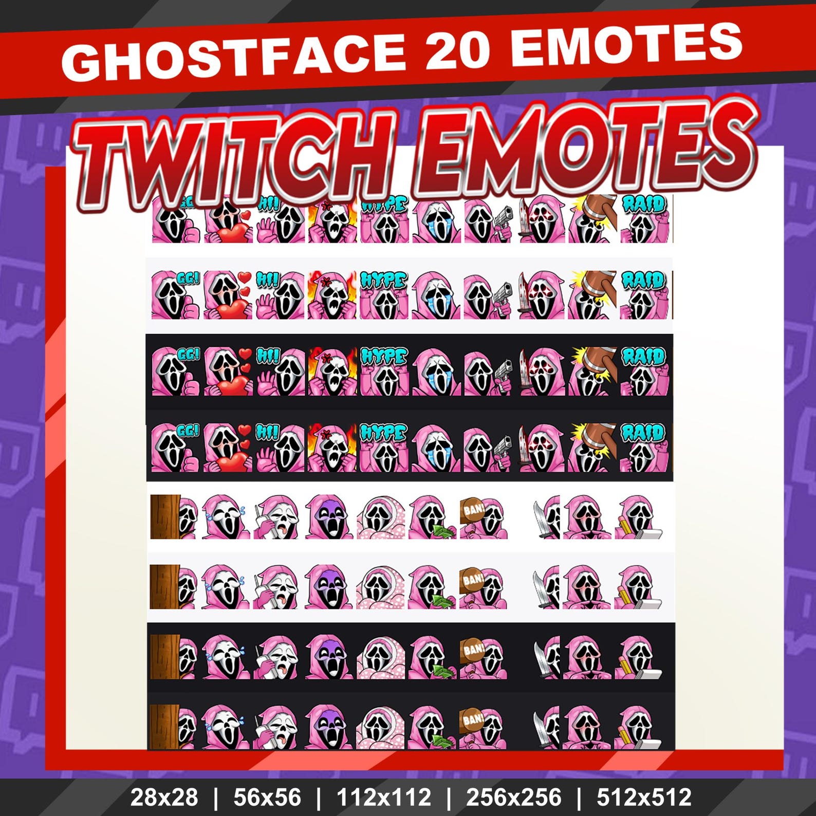 Ghostface Pink Halloween Twitch Emotes for Streaming Tik Tok Emotes ...