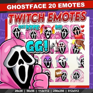 以下が含まれることがあります： ScreamシリーズのGhostfaceをフィーチャーしたTwitch絵文字のプロモーション画像。絵文字はピンクと白で、さまざまな表情やアクションがあります。「GHOSTFACE 20 EMOTES」と「TWITCH EMOTES」の文字が含まれています。サイズは下部に記載されています。