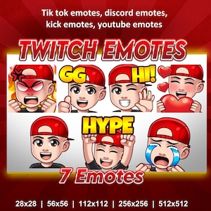 Puede incluir: Imagen promocional de emotes de Twitch. La imagen presenta siete emotes de dibujos animados diferentes de una persona con una gorra roja. Los emotes muestran varias expresiones y frases, incluyendo "GG", "HI!" y "HYPE". El texto indica compatibilidad con varias plataformas.