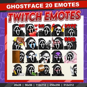 May include: A collection of 20 Ghostface Twitch emotes. Each emote features the iconic Ghostface mask with various expressions and actions, including hearts, fire, and weapons. The text "TWITCH EMOTES" is displayed at the top.
