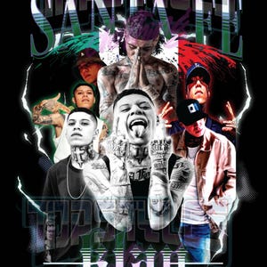 May include: A black and white graphic design featuring a collage of men with tattoos. The design includes the words "SANTA FE" and "TRAPILLO" in a stylized font. The background is black with a green, white, and red color scheme.