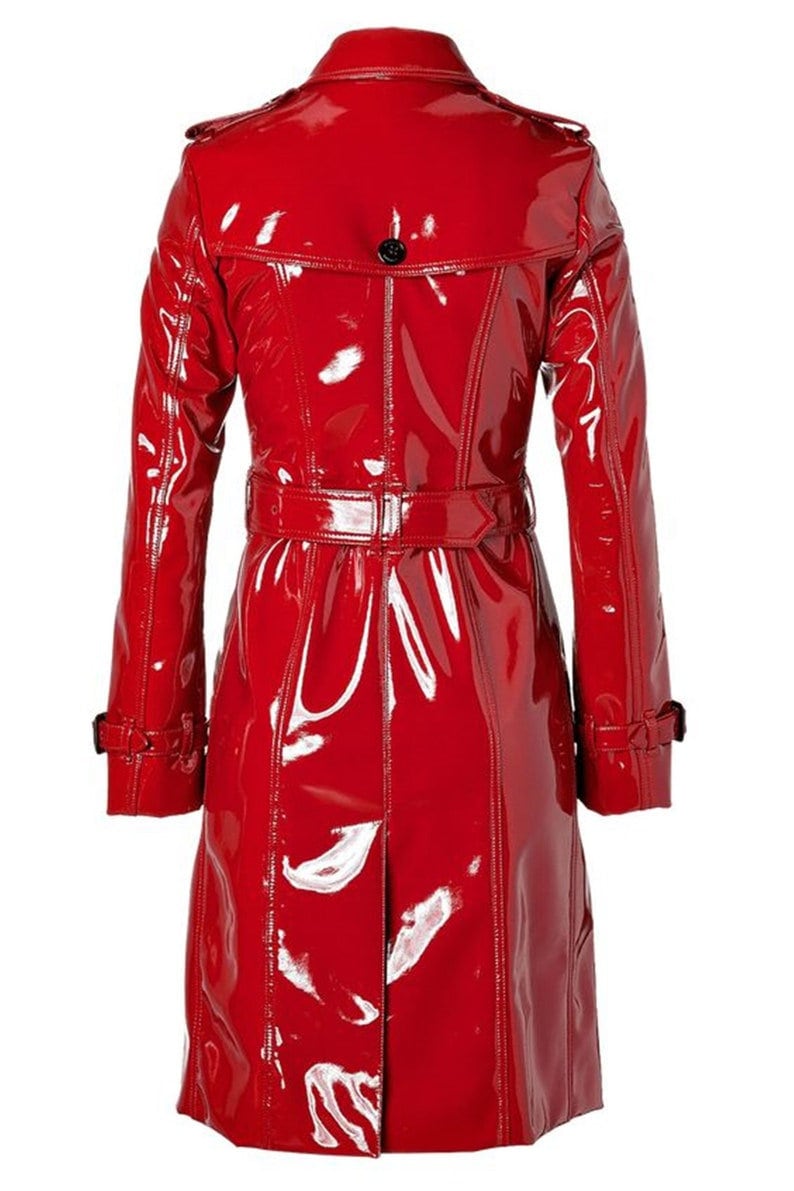 PVC Red Coat Vinyl Long Trench Coat, Women Patent Leather Double ...