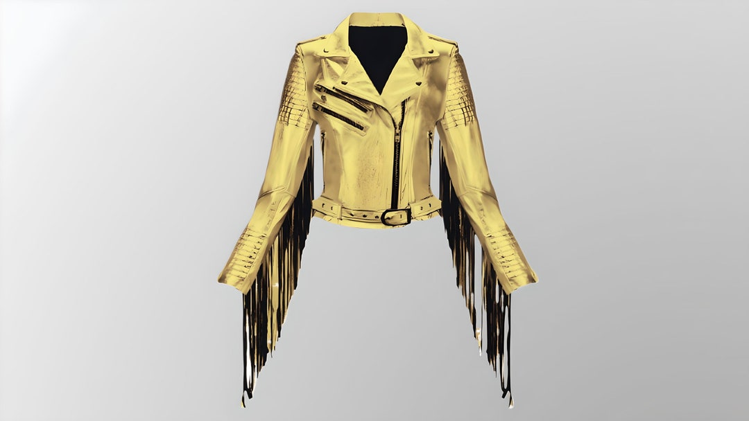 Womens Metallic Gold Fringe Jacket Leather Shiny Fashion Biker Coat