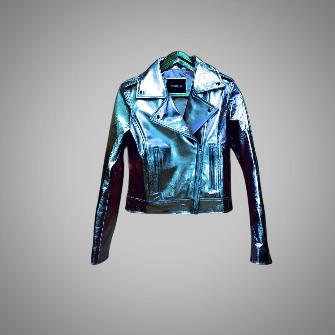 Blue Moto Jacket Womens Biker Metallic Leather Jacket 80s Trendy Style Fashion Wear in 8 Colors