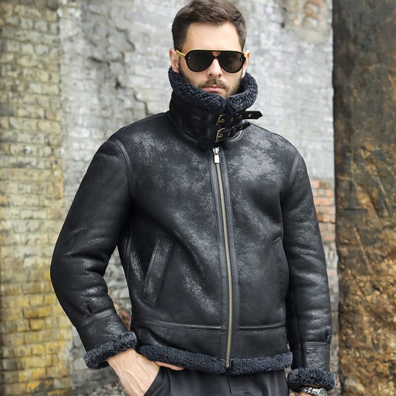 Men's B3 Bomber Black Leather Jacket Fur Lining Sheepskin Winter Warm ...