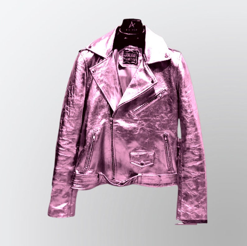 Metallic Leather Jacket Shiny Moto Pink Biker Jacket for Women & Men