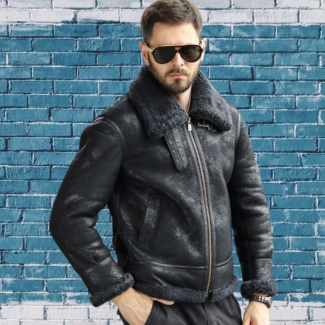 Men's B3 Bomber Black Leather Jacket Fur Lining Sheepskin Winter Warm ...