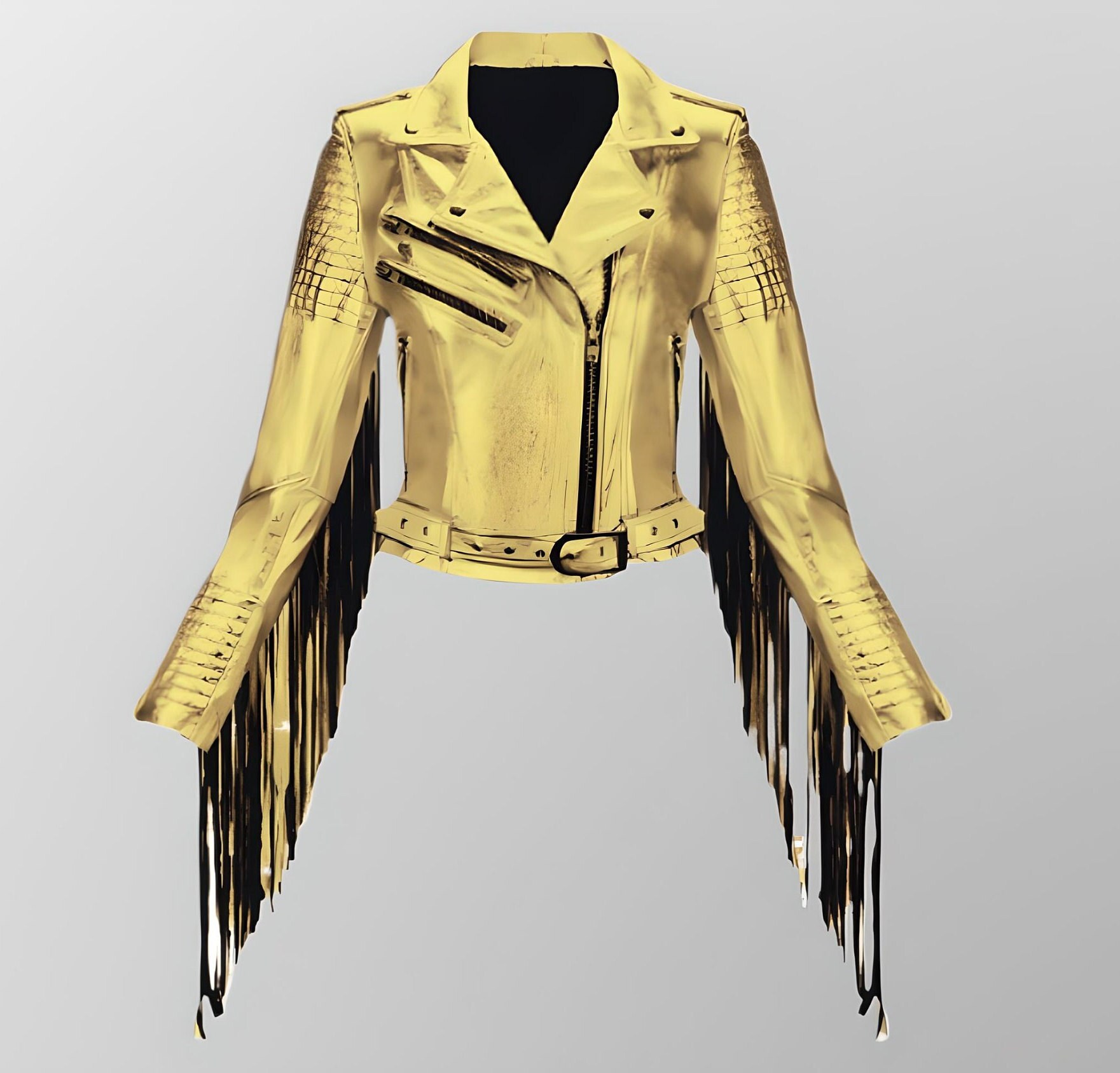 Womens Metallic Gold Fringe Jacket Leather Shiny Fashion Biker Coat