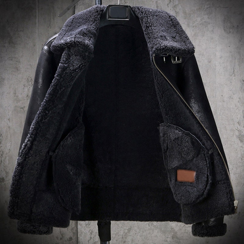Mens Black Bomber Winter Warm Genuine Sheepskin Faux Fur Lined