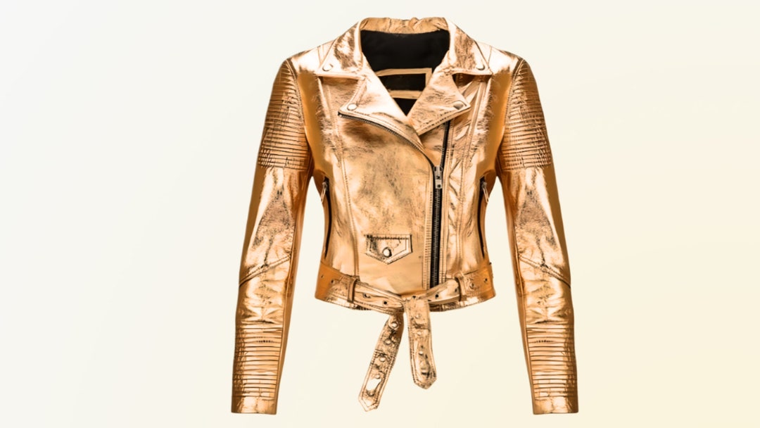 Gold Leather Biker Metallic Jacket Womens Quilted Arms, Slim Fit Shiny ...