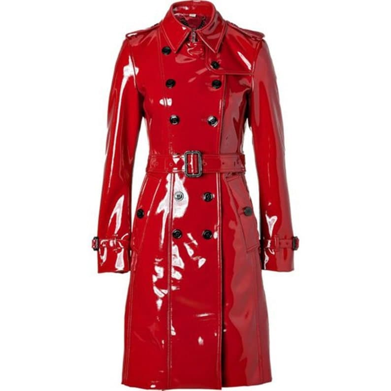 PVC Red Coat Vinyl Long Trench Coat, Women Patent Leather Double Breasted Belted Trench Coat Etsy