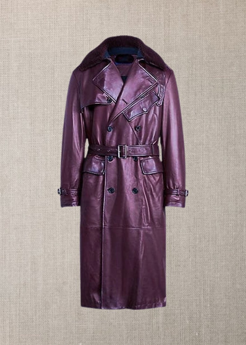 Men Long Trench Coat Brown Leather Fur Collar Vintage Inspired Mens