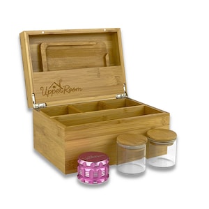 Stash Box with Accessories Rolling Tray, Grinder, 2Airtight Jars, Removable Dividers, Large Smell Proof Stash Box Combo Kit, Stoner Gift Box