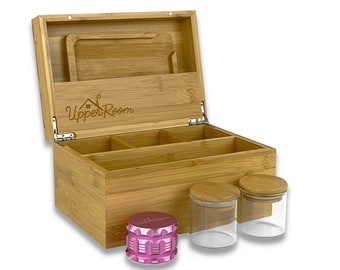 Stash Box with Accessories Tray, Herb Grinder, Airtight Jars, Large Smell Proof Stash Box Combo Kit, Big Storage Box, Removable Dividers