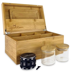 Stash Box with Accessories Rolling Tray,Grinder,2 Airtight Jars, Removable Dividers,Large Smell Proof Stash Box Combo Kit,Wooden Storage Box
