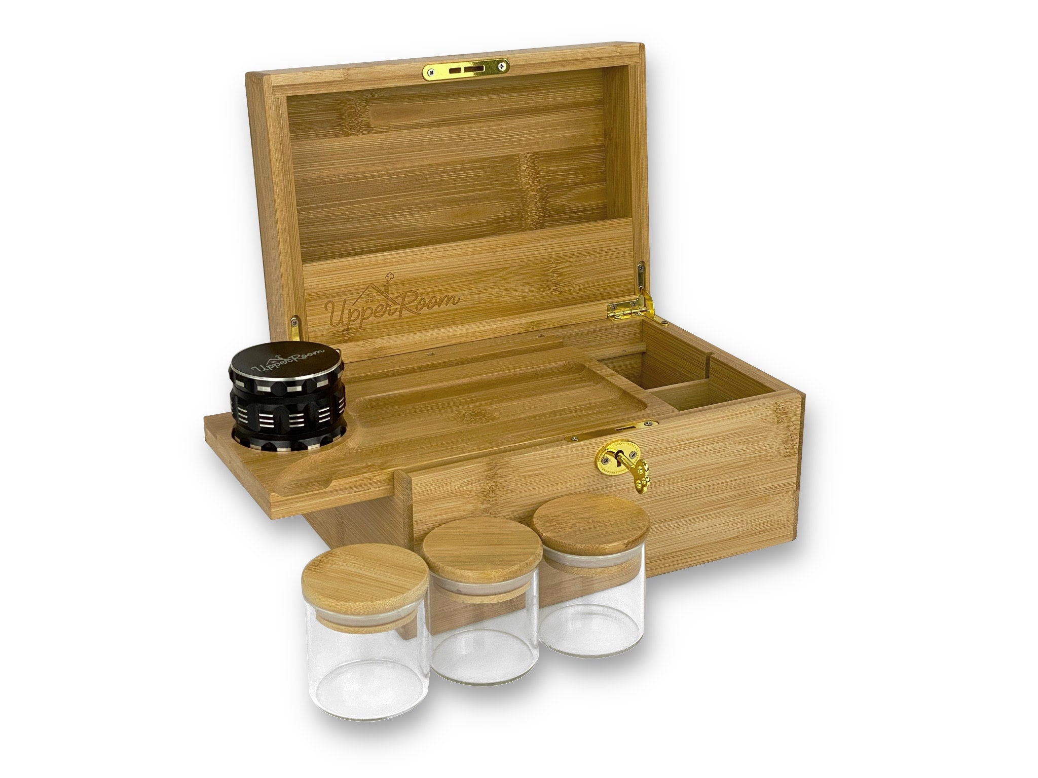 Stash Box with Accessories, Tray, 2 Airtight Jars, Bamboo Stash Box Combo  Kit, Premium Large Storage Box, Wooden Decorative Box Set, Removable