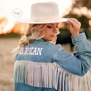 Adult Rhinestone Fringe Distressed Jean Jacket | Bridal Jean Jacket | Fringe Jacket | Custom Denim Jacket | Jean Jacket | Gift for Bride