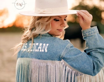 Adult Rhinestone Fringe Distressed Jean Jacket | Bridal Jean Jacket | Fringe Jacket | Custom Denim Jacket | Jean Jacket | Gift for Bride