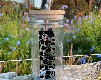 Glass Tumbler with Bamboo Straw & Lid | Iced Coffee Cup | Mama Glass Tumbler | Mason Jar | 24oz Reusable Cup | Cowprint Cup | Cowhide Mama