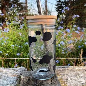 Glass Tumbler with Bamboo Straw & Lid | Iced Coffee Cup | Glitter Cow Print Glass Tumbler | Mason Jar | 24oz Resuable Cup | Boba Cup