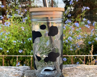 Glass Tumbler with Bamboo Straw & Lid | Iced Coffee Cup | Glitter Cow Print Glass Tumbler | Mason Jar | 24oz Resuable Cup | Boba Cup