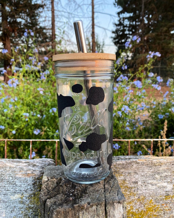 Glass Tumbler with Bamboo Straw & Lid | Iced Coffee Cup | Glitter Cow Print  Glass Tumbler | Mason Jar | 24oz Resuable Cup | Boba Cup