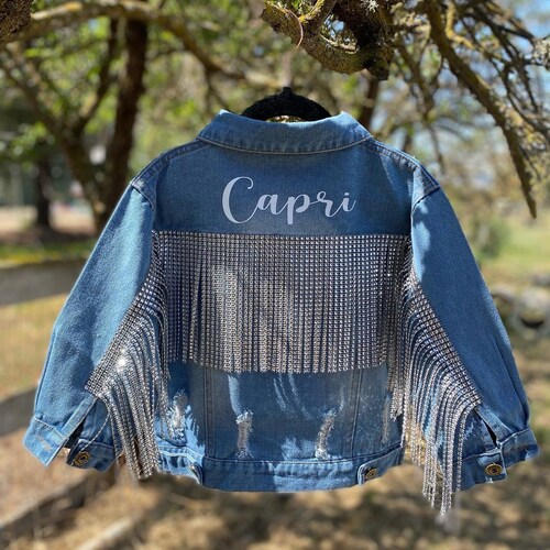 Toddler Distressed Rhinestone Fringe Jean Jacket | Bling Jean 