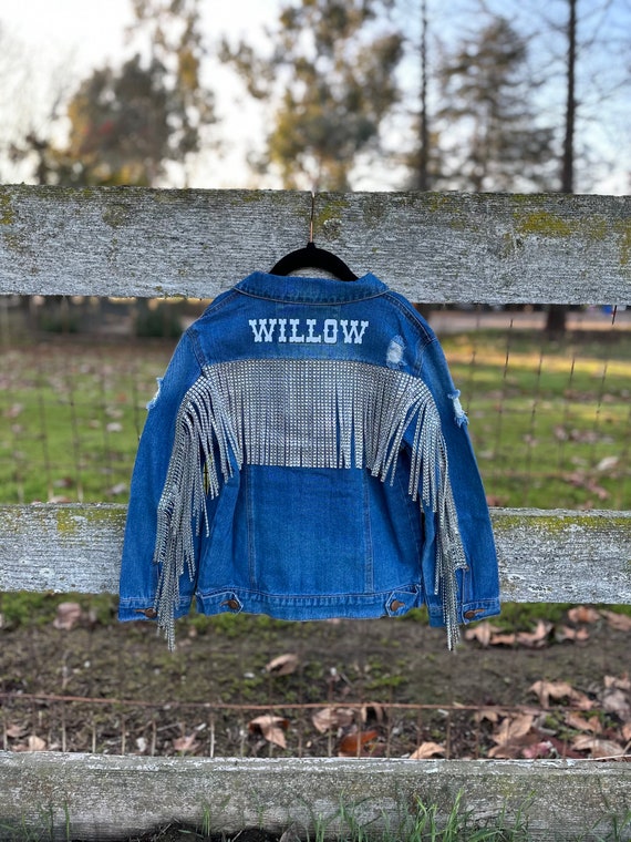 Girls Distressed Fringe Jean Jacket Rhinestone Fringe Jean Jacket