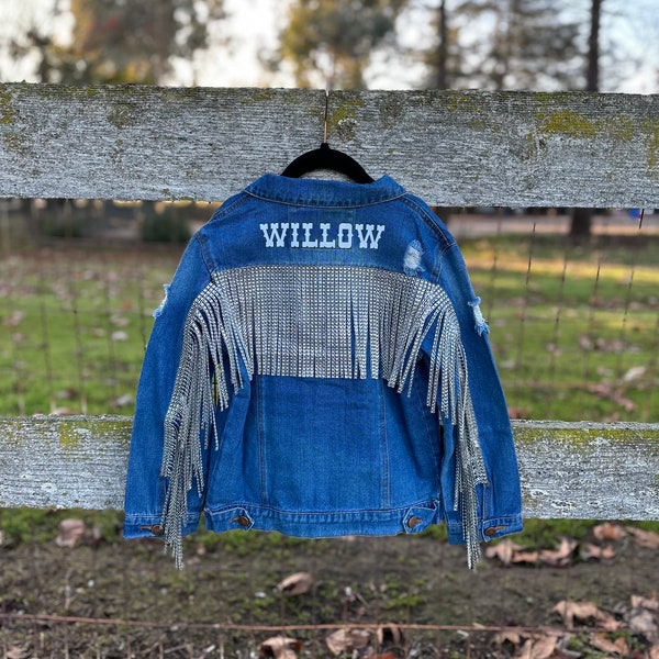 Girls Distressed Fringe Jean Jacket | Rhinestone Fringe Jean Jacket | Girl Custom Jacket | Custom Name | Denim Jacket | Fringe Jacket