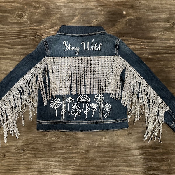 Toddler Rhinestone Fringe Jean Jacket | Bling Jacket | Stay Wild Child | Fringe Jacket | Girls Fringe Jacket | Kids Jean Jacket