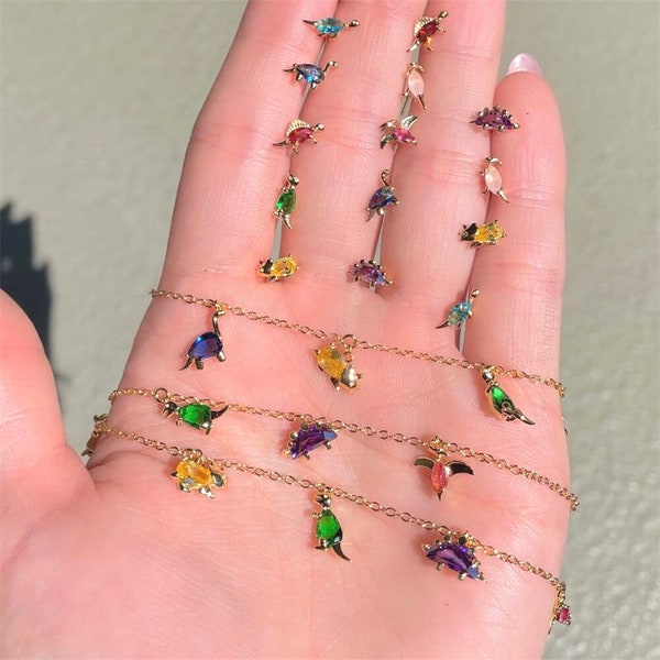 Dinosaur Charms Bracelet, Dinosaur Cute Jewelry, Colored Stones Dinosaur Bracelets, Cute Bracelets For Her, Sweet Charms Bracelets, Thin