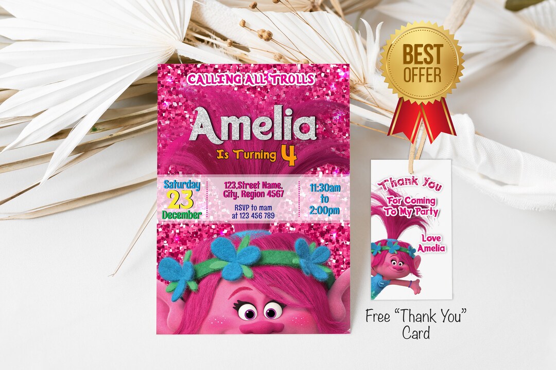 Trolls 2 Birthday Invitation, Trolls Birthday Party Invitation for Girl