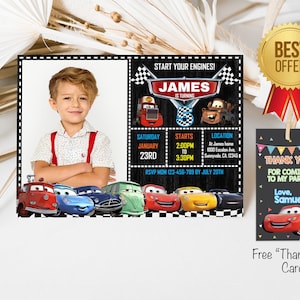 Faire-part d'anniversaire Lighting McQueen, Invitation d'anniversaire de voitures, étiquette de remerciement gratuite, Invitation de voitures imprimable modifiable téléchargement immédiat