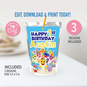 Etiqueta para bolsa de bebida de cumpleaños de tiburón bebé EDITABLE para niño y niña, etiqueta para bolsa de bebida para fiesta de cumpleaños, descarga instantánea, imprimible digital