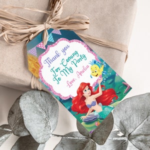 Etiqueta de agradecimento da Pequena Sereia, Festa de aniversário da Pequena Sereia, Modelo de presentes de agradecimento da Pequena Sereia para impressão, Etiquetas da Ariel editáveis
