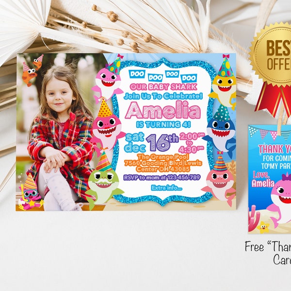 Girl Shark Birthday Party Invitation With Photo, Free Thank you tag, Girl Shark Invitation Printable Editable Instant Download