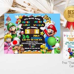 Convite digital para aniversariante do Super Mario Bros, convite para gêmeos do Super Mario, dois nomes/idades, modelo de aniversário do Mario para imprimir