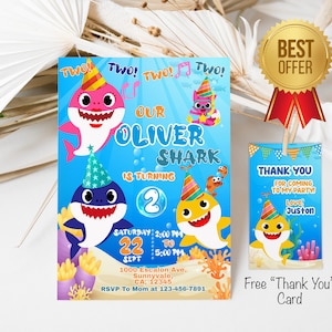 Uitnodiging voor verjaardagsfeestje BOY Shark met een foto, gratis bedanktag, Boy Shark-uitnodiging afdrukbare bewerkbare direct downloaden