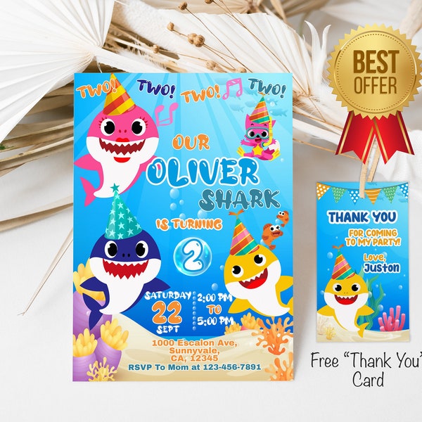 BOY Shark Birthday Party Invitation with a photo, Free Thank you tag, Boy Shark Invitation Printable Editable Instant Download