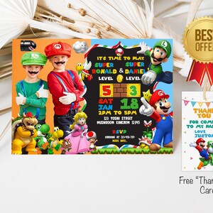 Convite Digital de Aniversário de Super Mario Bros, Convite Super Mario Twins, DOIS NOMES / IDADES, Convite com imagem