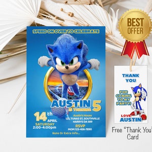 Faire-part d'anniversaire de Sonic le hérisson | Faire-part d'anniversaire Sonic modifiable et imprimable | Faire-part d'anniversaire enfant modifiable